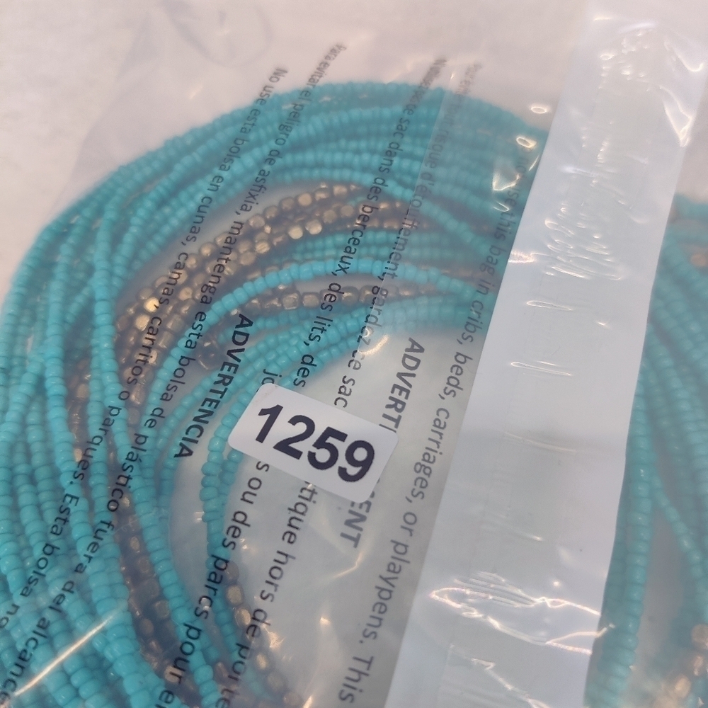 Long Multi Strand Turquoise Blue Glass Bead Necklace w/ Metallic Accents - Picture 8 of 9